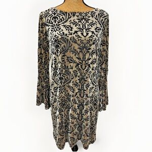 ECI Velvet Brocade Knee Length Shift Dress Black Tan Stretch Size Medium